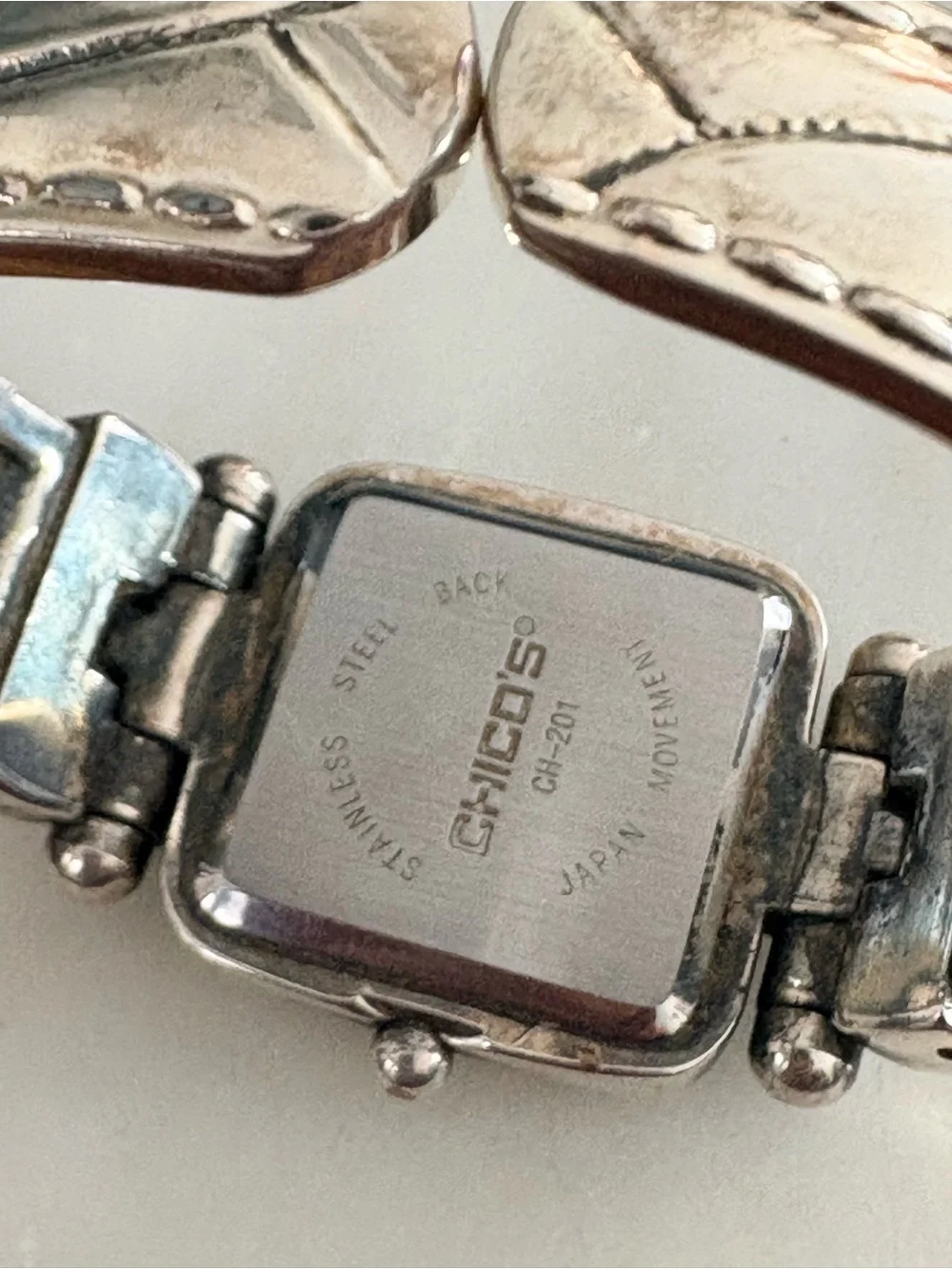Chico's Silver Tone Square Face Bracelet Watch with White Dial Needs Battery